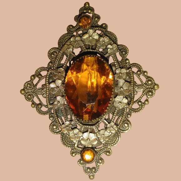 Antique Victorian Brass Filigree Brooch Yellow Orange Amber Colored Glass - Picture 1 of 16